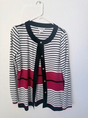 Misook Striped Cardigan in White, Black & Berry